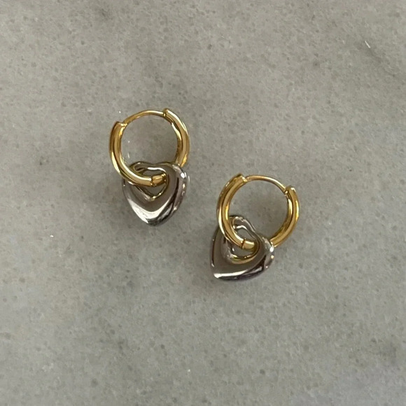 Modest Lu Jewelry - Gold Silver Two Tone Heart Bubble Charm Dangle Hoop Earrings